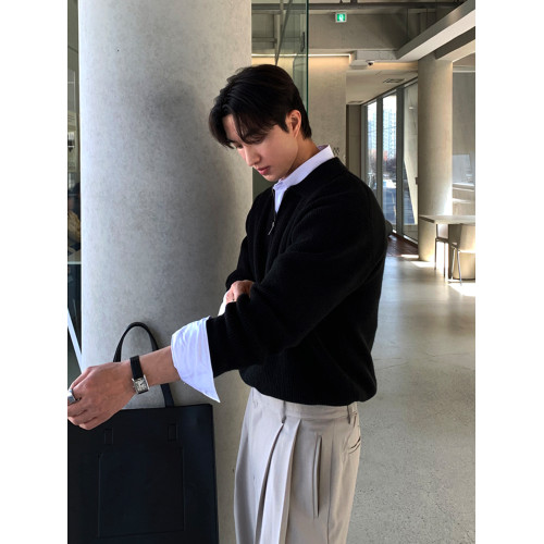 SSUMENAM「老錢風 時髦復古」半拉鍊POLO衫毛衣男秋季繙領針織衫