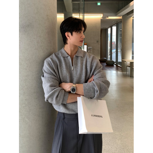 SSUMENAM「老錢風 時髦復古」半拉鍊POLO衫毛衣男秋季繙領針織衫