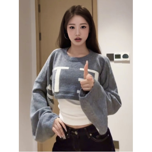 原創美式復古超大袖子印花休閒短款毛衣女秋冬季小衆設計辣妹上衣 原創美式復古超大袖子印花休閒短款毛衣女秋冬季小衆設計辣妹上衣