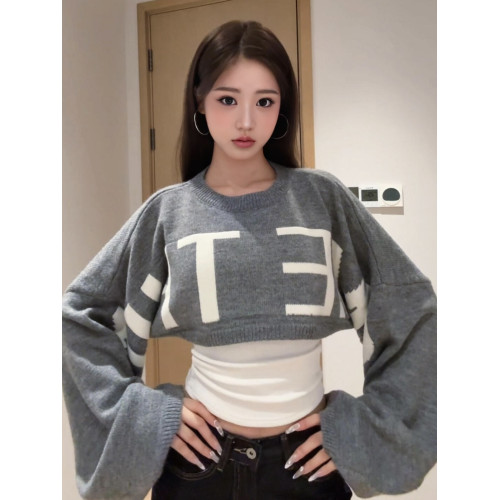 原創美式復古超大袖子印花休閒短款毛衣女秋冬季小衆設計辣妹上衣 原創美式復古超大袖子印花休閒短款毛衣女秋冬季小衆設計辣妹上衣