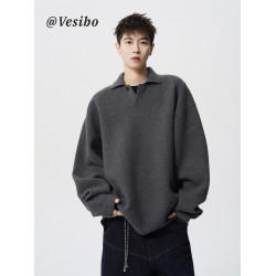 高級感POLO領毛衣外套男冬潮牌慵懶bf純色針織衫美式百搭情侶上衣