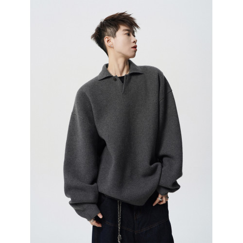 高級感POLO領毛衣外套男冬潮牌慵懶bf純色針織衫美式百搭情侶上衣