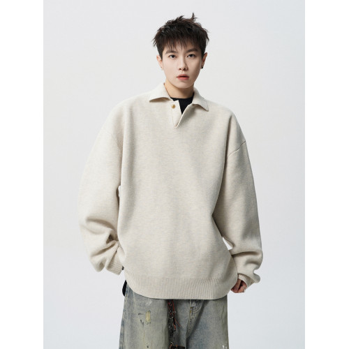 高級感POLO領毛衣外套男冬潮牌慵懶bf純色針織衫美式百搭情侶上衣