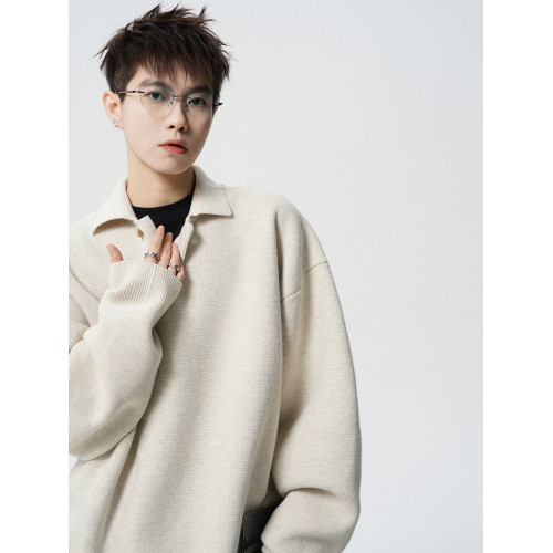 高級感POLO領毛衣外套男冬潮牌慵懶bf純色針織衫美式百搭情侶上衣