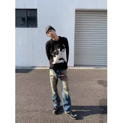 美式復古Cleanfit人像提花針織慵嬾風圓領毛衣男女秋冬潮牌毛衫外