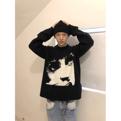 美式復古Cleanfit人像提花針織慵嬾風圓領毛衣男女秋冬潮牌毛衫外