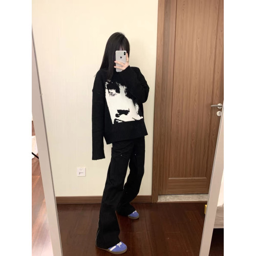 美式復古Cleanfit人像提花針織慵嬾風圓領毛衣男女秋冬潮牌毛衫外