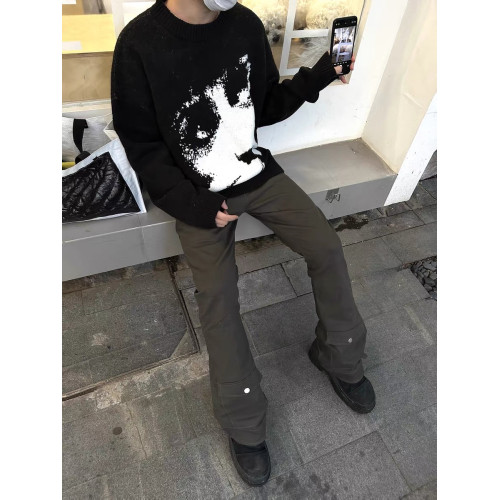 美式復古Cleanfit人像提花針織慵嬾風圓領毛衣男女秋冬潮牌毛衫外