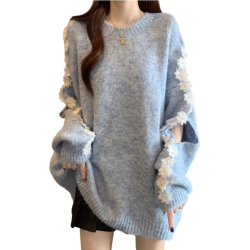 超好看花朵漏肩灰色針織衫毛衣女2025秋冬新款大碼胖mm中長款上衣