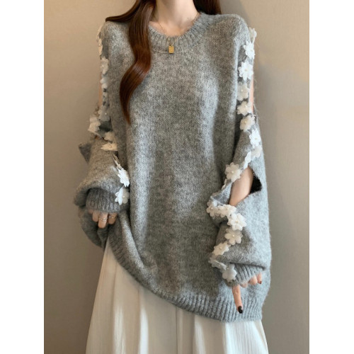 超好看花朵漏肩灰色針織衫毛衣女2025秋冬新款大碼胖mm中長款上衣 超好看花朵漏肩灰色針織衫毛衣女2025秋冬新款大碼胖mm中長款上衣