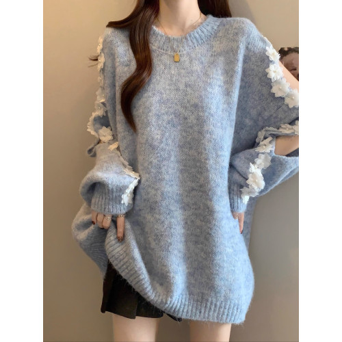 超好看花朵漏肩灰色針織衫毛衣女2025秋冬新款大碼胖mm中長款上衣 超好看花朵漏肩灰色針織衫毛衣女2025秋冬新款大碼胖mm中長款上衣