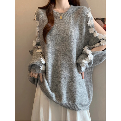 超好看花朵漏肩灰色針織衫毛衣女2025秋冬新款大碼胖mm中長款上衣 超好看花朵漏肩灰色針織衫毛衣女2025秋冬新款大碼胖mm中長款上衣