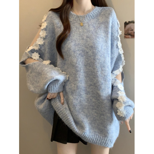 超好看花朵漏肩灰色針織衫毛衣女2025秋冬新款大碼胖mm中長款上衣 超好看花朵漏肩灰色針織衫毛衣女2025秋冬新款大碼胖mm中長款上衣