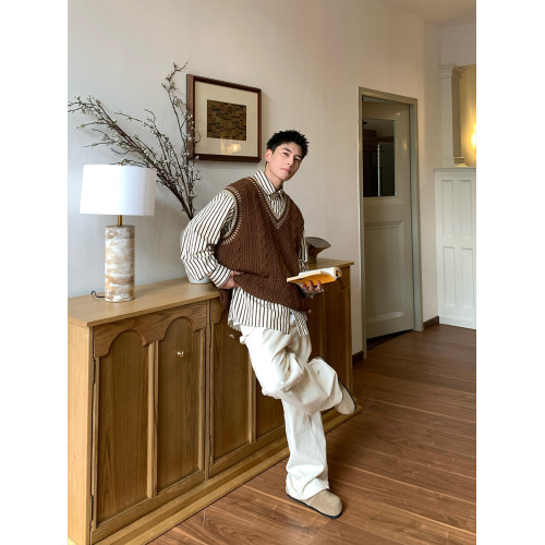 Holocene美式潮牌秋冬學院風麻花毛衣男休閒V領背心針織衫寬鬆衫