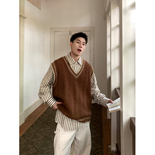 Holocene美式潮牌秋冬學院風麻花毛衣男休閒V領背心針織衫寬鬆衫