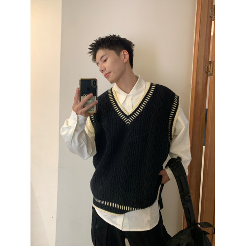 Holocene美式潮牌秋冬學院風麻花毛衣男休閒V領背心針織衫寬鬆衫