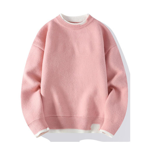 甜粉色毛衣男冬季假兩件圓領針織衫男內搭打底衫小衆猛男粉毛線衣