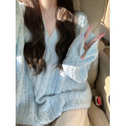 2023新款v領奶藍色軟糯麻花毛衣女秋冬內搭慵懶風高級感寬松加厚