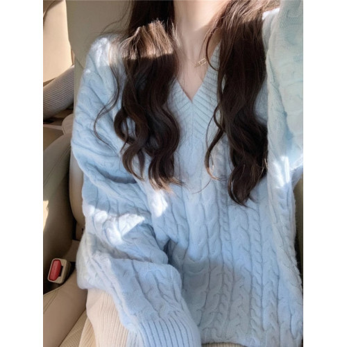 2023新款v領奶藍色軟糯麻花毛衣女秋冬內搭慵懶風高級感寬松加厚 2023新款v領奶藍色軟糯麻花毛衣女秋冬內搭慵懶風高級感寬松加厚