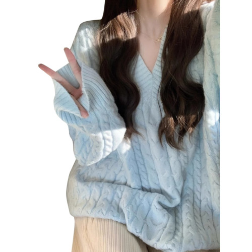 2023新款v領奶藍色軟糯麻花毛衣女秋冬內搭慵懶風高級感寬松加厚 2023新款v領奶藍色軟糯麻花毛衣女秋冬內搭慵懶風高級感寬松加厚