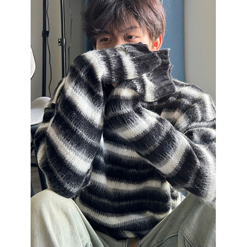 馬海毛條紋毛衣男秋冬新款美式復古慵嬾風寬鬆潮牌情侶套頭針織衫