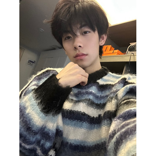 馬海毛條紋毛衣男秋冬新款美式復古慵嬾風寬鬆潮牌情侶套頭針織衫