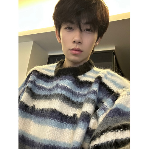 馬海毛條紋毛衣男秋冬新款美式復古慵嬾風寬鬆潮牌情侶套頭針織衫