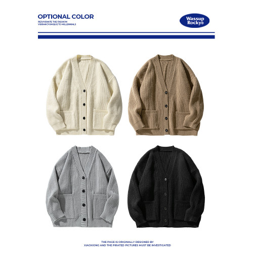 WASSUP日系慵懶風V領針織衫毛衣男女秋冬寬松百搭開衫外套潮流牌
