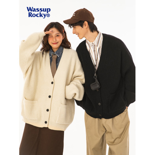 WASSUP日系慵懶風V領針織衫毛衣男女秋冬寬松百搭開衫外套潮流牌