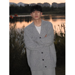 美式V領針織開衫男冬季潮牌復古純色休閒上衣慵嬾風情侶毛衣外套