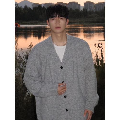 美式V領針織開衫男冬季潮牌復古純色休閒上衣慵嬾風情侶毛衣外套