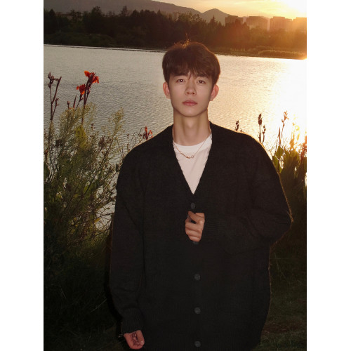 美式V領針織開衫男冬季潮牌復古純色休閒上衣慵嬾風情侶毛衣外套