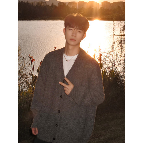 美式V領針織開衫男冬季潮牌復古純色休閒上衣慵嬾風情侶毛衣外套