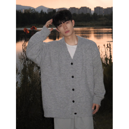 美式V領針織開衫男冬季潮牌復古純色休閒上衣慵嬾風情侶毛衣外套