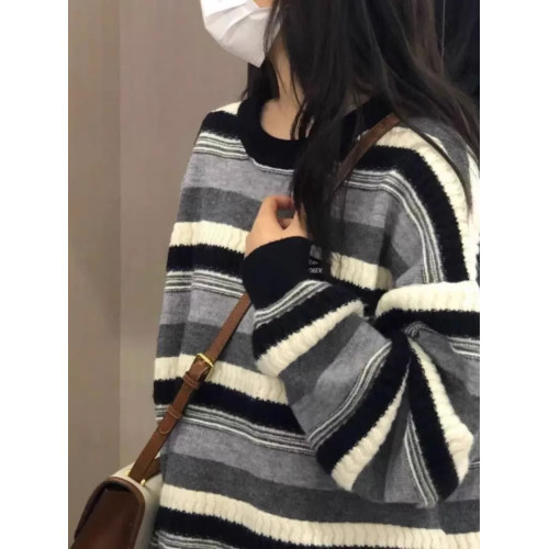 美式復古學院風條紋毛衣女秋冬日系慵懶風潮牌寬松軟糯糯針織外套 美式復古學院風條紋毛衣女秋冬日系慵懶風潮牌寬松軟糯糯針織外套