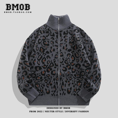 BMOB美式復古豹紋開衫毛衣男女秋冬慵嬾風設計感痞帥寬鬆針織外套