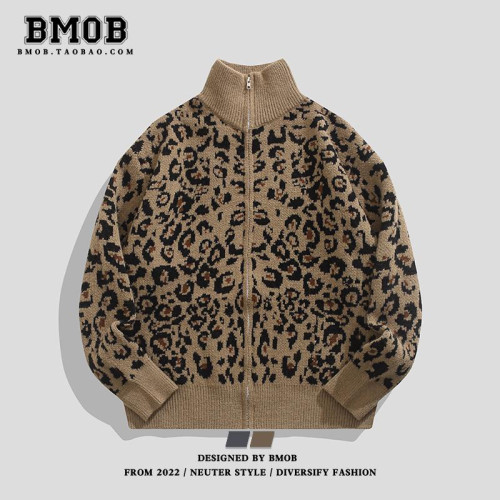 BMOB美式復古豹紋開衫毛衣男女秋冬慵嬾風設計感痞帥寬鬆針織外套