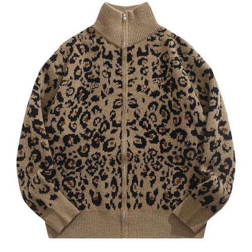 BMOB美式復古豹紋開衫毛衣男女秋冬慵嬾風設計感痞帥寬鬆針織外套