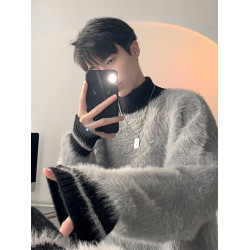 高級感水貂絨高領毛衣男秋冬季新款加厚慵嬾風針織內搭男生打底衫