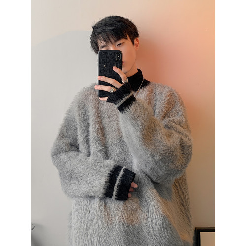 高級感水貂絨高領毛衣男秋冬季新款加厚慵嬾風針織內搭男生打底衫