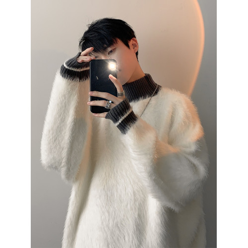 高級感水貂絨高領毛衣男秋冬季新款加厚慵嬾風針織內搭男生打底衫