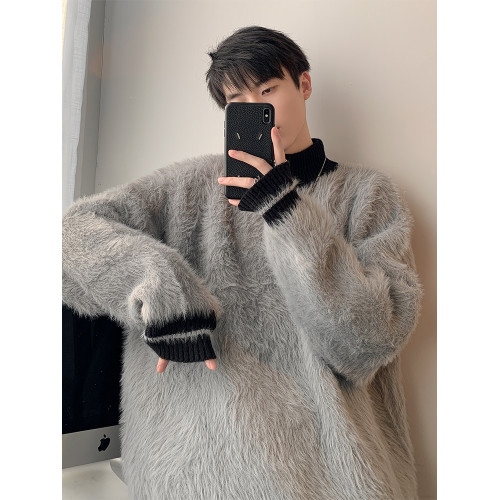 高級感水貂絨高領毛衣男秋冬季新款加厚慵嬾風針織內搭男生打底衫