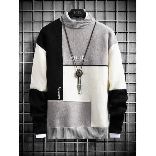 半高領毛衣男款秋冬季加絨加厚拼色針織衫寬松青少年保暖線衣服潮 半高領毛衣男款秋冬季加絨加厚拼色針織衫寬松青少年保暖線衣服潮