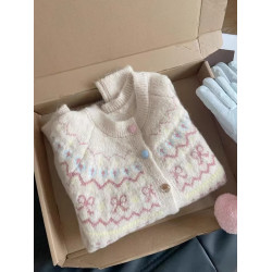 韓版撞色提花針織開衫女寬松短款慵懶風外搭上衣秋冬新款毛衣外套