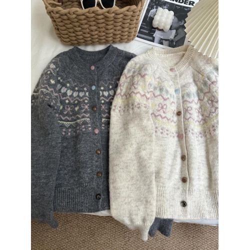 韓版撞色提花針織開衫女寬松短款慵懶風外搭上衣秋冬新款毛衣外套