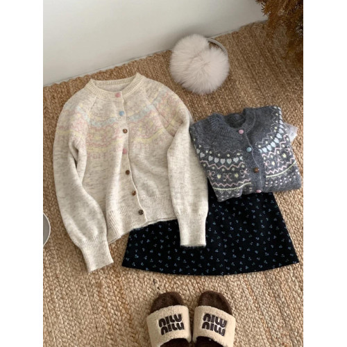 韓版撞色提花針織開衫女寬松短款慵懶風外搭上衣秋冬新款毛衣外套