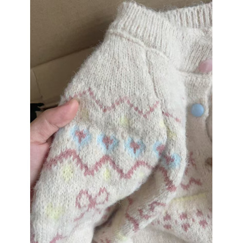 韓版撞色提花針織開衫女寬松短款慵懶風外搭上衣秋冬新款毛衣外套