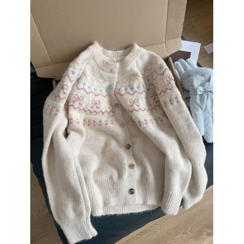 韓版撞色提花針織開衫女寬松短款慵懶風外搭上衣秋冬新款毛衣外套