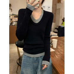 韓系假兩件V領針織打底衫女早秋季新款高級感內搭毛衣修身上衣