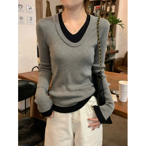 韓系假兩件V領針織打底衫女早秋季新款高級感內搭毛衣修身上衣